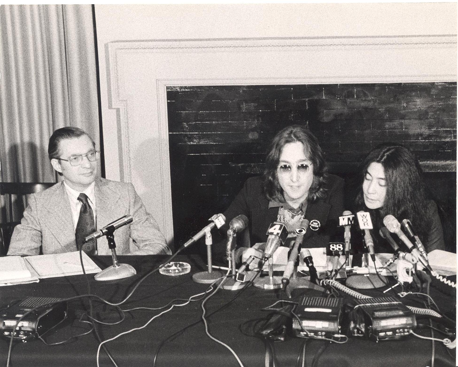 Leon Wildes with John Lennon and Yoko Ono at a press conference